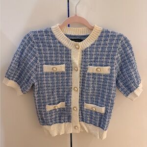 Elegant Blue and Cream Women's Button Down Sweater